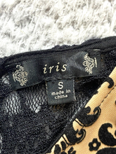 Load image into Gallery viewer, Iris Dress Womens Small Black Taupe Velvet Lace Peplum Slit Sheath Damask AOP