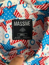 Load image into Gallery viewer, Massive Shirt Adult Small White Blue Red Star AOP Button Up Casual Camp Mens