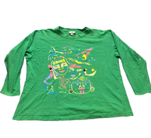 Load image into Gallery viewer, VTG Mask Shirt Womens Large Green Abstract Face Shapes Artsy Oversized 70s 80s