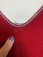Load image into Gallery viewer, Vintage Bird Sweater Womens Red Poncho Cape Fringe Tie Hippie Glamping Ladies