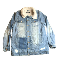 Load image into Gallery viewer, Dollhouse Jacket Adult Medium Blue Sherpa Lined Denim Button Up Collared Mens