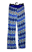 Load image into Gallery viewer, Golden Black Pants Women 1X (32x29) Blue Geometric AOP Festive Boho Spandex Plus