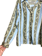 Load image into Gallery viewer, VTG CEO Shirt Womens 38 Light Blue Button Up Polkadots Paisley Hippie Boho 70s