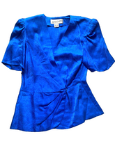 Load image into Gallery viewer, Vintage Argenti Shirt Womens 4 (Small) Blue Wrap Pure Silk Blouse Peplum Ladies