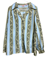 Load image into Gallery viewer, VTG CEO Shirt Womens 38 Light Blue Button Up Polkadots Paisley Hippie Boho 70s