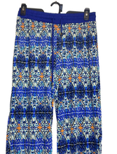 Load image into Gallery viewer, Golden Black Pants Women 1X (32x29) Blue Geometric AOP Festive Boho Spandex Plus