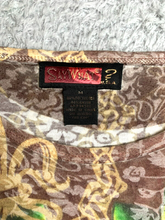 Load image into Gallery viewer, Say What Shirt Womens Medium Brown AOP Rose Heart Skull Tattoo Grunge USA Rayon