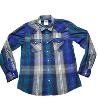 Load image into Gallery viewer, Levi's Shirt Adult Large Blue Gray Plaid Western Pearl Snaps Pockets Cowboy Mens