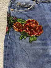 Load image into Gallery viewer, Zara Jeans Womens 02 (29x25.5) Blue Denim Sequin Rosette Applique Destroyed