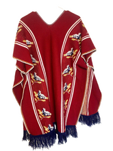 Load image into Gallery viewer, Vintage Bird Sweater Womens Red Poncho Cape Fringe Tie Hippie Glamping Ladies