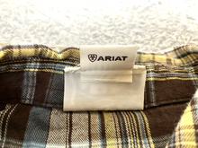 Load image into Gallery viewer, Ariat Shirt Womens Medium Brown Blue Yellow Plaid Western Snap Rodeo Cowgirl l