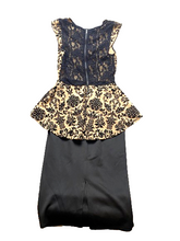 Load image into Gallery viewer, Iris Dress Womens Small Black Taupe Velvet Lace Peplum Slit Sheath Damask AOP