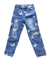 Load image into Gallery viewer, Blue Savvy Jeans Womens 5/27 (29x25) Denim AOP Butterfly Print Whimsical Rayon