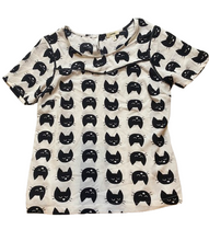 Load image into Gallery viewer, Meraki Shirt Womens XL Black White AOP Kitty Cat Spandex Stretch Keyhole Blouse