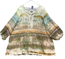 Load image into Gallery viewer, Catherines Shirt Womens 4X Green Brown Boho Tunic Lagenlook Swiss Dot Lace Plus