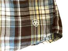 Load image into Gallery viewer, Ariat Shirt Womens Medium Brown Blue Yellow Plaid Western Snap Rodeo Cowgirl l