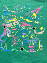 Load image into Gallery viewer, VTG Mask Shirt Womens Large Green Abstract Face Shapes Artsy Oversized 70s 80s