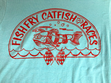 Load image into Gallery viewer, VTG Fishfry Cat Fish Races Shirt Womens Medium Light Blue Single Stitch 80s Lady