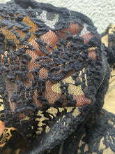 Load image into Gallery viewer, Iris Dress Womens Small Black Taupe Velvet Lace Peplum Slit Sheath Damask AOP