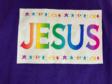 Load image into Gallery viewer, Jesus Shirt Womens Small Purple Rainbow Spell Out Good News Stars Kidcore Ladies