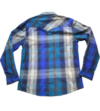 Load image into Gallery viewer, Levi's Shirt Adult Large Blue Gray Plaid Western Pearl Snaps Pockets Cowboy Mens