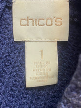 Load image into Gallery viewer, Chicos Sweater Womens 1 (Medium) Navy Silver Oversized Mock Neck Outerwear Lady