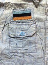 Load image into Gallery viewer, Vintage Chambray Shirt Womens 11 Blue Button Up Flap Pockets Patches 70s Ladies