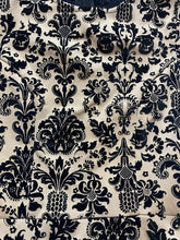 Load image into Gallery viewer, Iris Dress Womens Small Black Taupe Velvet Lace Peplum Slit Sheath Damask AOP