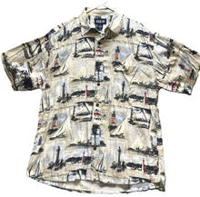 Load image into Gallery viewer, Keeler Bay Shirt Adult Medium AOP Lighthouse Sailing Boat Rayon Hawaiian Mens
