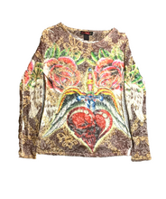 Load image into Gallery viewer, Say What Shirt Womens Medium Brown AOP Rose Heart Skull Tattoo Grunge USA Rayon