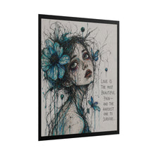 Load image into Gallery viewer, Rolled Poster — Gothic Blue Floral Portrait with Quote “Love is the most beautiful pain…”