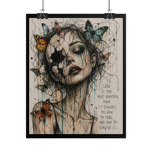 Load image into Gallery viewer, Rolled Poster — Surreal Woman with Butterflies & Quote “Love Is the Most Beautiful Pain”