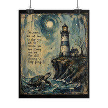 Load image into Gallery viewer, Lighthouse & Sea Turtle Inspirational Rolled Poster – “The waves are not here to stop you…”