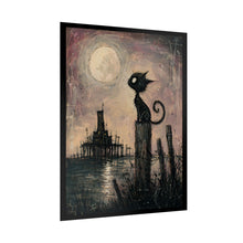 Load image into Gallery viewer, Rolled Poster — Gothic Moon Cat Art Print, Whimsical Haunted Pier Wall Decor