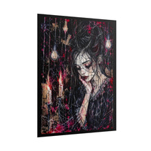 Load image into Gallery viewer, Moody Gothic Girl Portrait Art Print – Dark Whimsy Woman with Hanging Lightbulbs & Candles Wall Decor