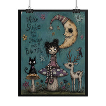Load image into Gallery viewer, Whimsical Gothic Moonlit Poster — “Make Space for the Strange and Beautiful” Rolled Art Print