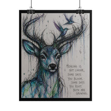 Load image into Gallery viewer, Deer & Hummingbird Inspirational Art Poster — "Healing Is Not Linear" Rolled Wall Print