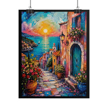 Load image into Gallery viewer, Vibrant Mediterranean Village Sunset Poster - Scenic Coastal Wall Decor