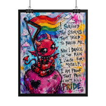 Load image into Gallery viewer, I Survived the Storms Rolled Poster – Cute Devil LGBTQ+ Pride Art Print, Inspirational Rainbow Wall Decor