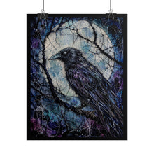 Load image into Gallery viewer, Mystical Giant Full Moon Raven Art Print – Intricate Stitched Night Crow on Branch Wall Decor