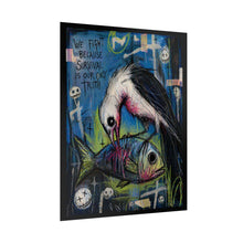 Load image into Gallery viewer, Rolled Poster — Dark Surreal Bird & Fish Art Print (“We Fight Because Survival Is Our Only Truth”)
