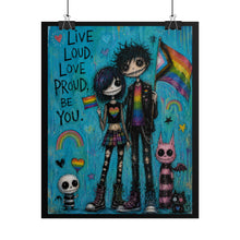 Load image into Gallery viewer, Creepy Cute Pastel Goth Character Poster with Progress Pride Flag - LGBTQ+ Wall Art