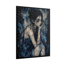 Load image into Gallery viewer, Dark Blue Gothic Girl Art Print – Pensive Stitched Melancholy Woman Wall Decor