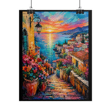 Load image into Gallery viewer, Vibrant Mediterranean Coastal Village Poster - Scenic Ocean Sunset Wall Decor