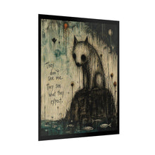 Load image into Gallery viewer, Rolled Poster — Moody Surreal Cat Art Print “They Don’t See Me. They See What They Expect.”
