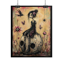 Load image into Gallery viewer, Gothic Girl on Skull Art Poster — Whimsical Dark Fantasy Rolled Print