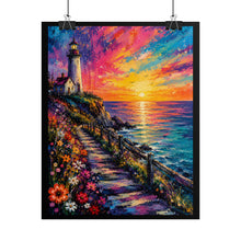 Load image into Gallery viewer, Vibrant Coastal Lighthouse Sunset Poster - Colorful Ocean View Wall Decor