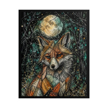 Load image into Gallery viewer, Gothic Patchwork Fox Art Print – Dark Whimsy Full Moon Forest Animal Poster