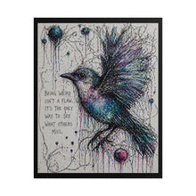 Load image into Gallery viewer, Whimsical Blue Bird Art Poster – "Being Weird Isn’t a Flaw" Inspirational Wall Art