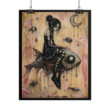 Load image into Gallery viewer, Gothic Girl on Fish Art Poster — Moody Surreal Wall Print